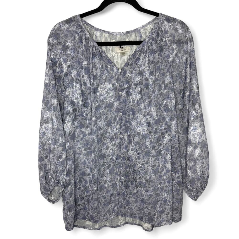 Cupio Metallic Silver Lavender Floral Blouse Top XL Boho Romantic Cottagecore
